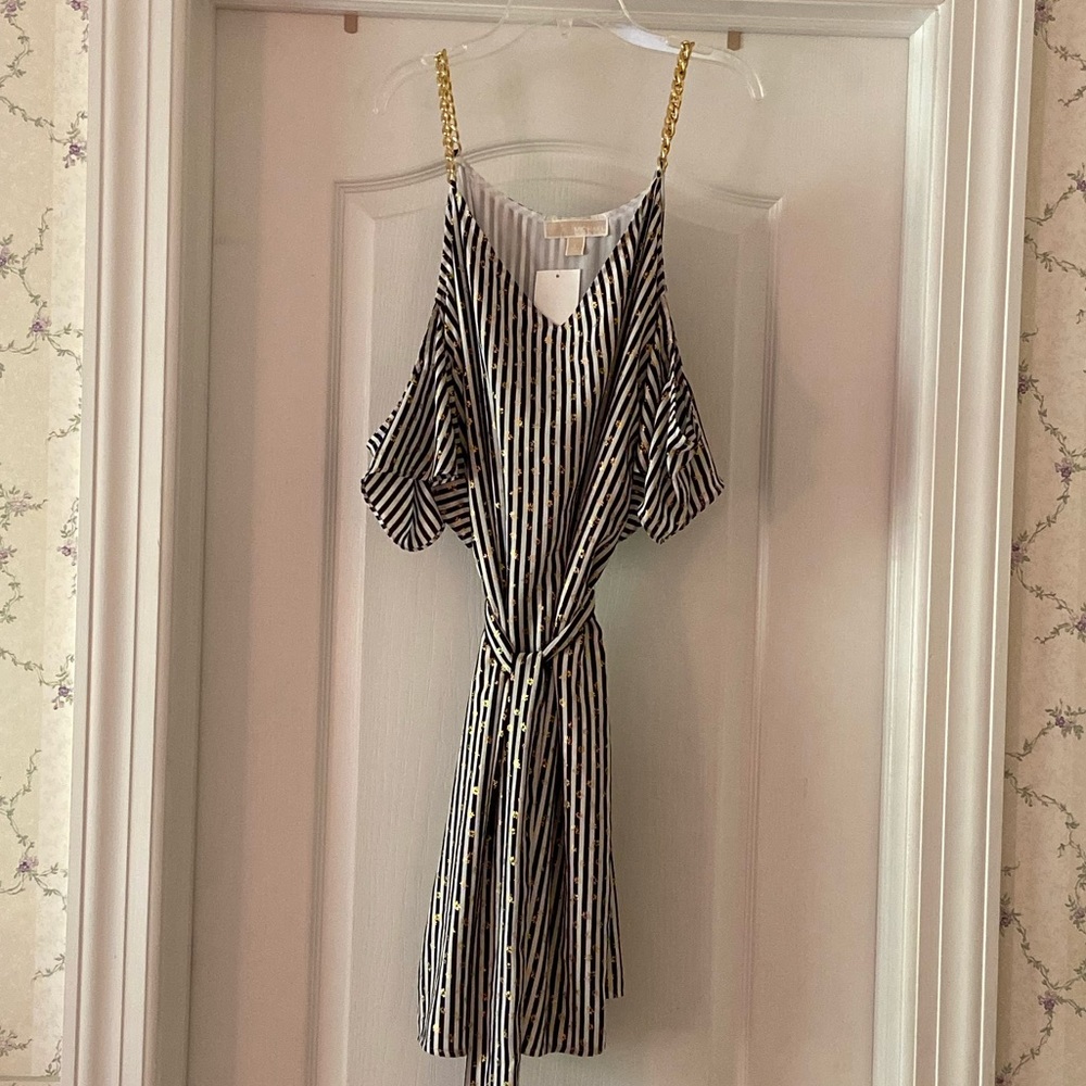 NWT Michael Kors Gold Chained-Cold Shoulder Striped Dress Black/Gold